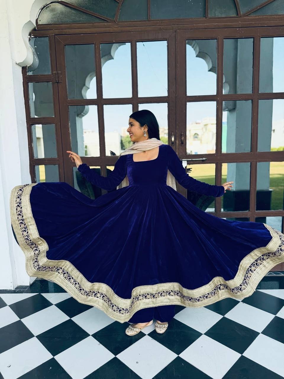 Navy blue viscose velvet with embroidery with work top-bottom and pant
