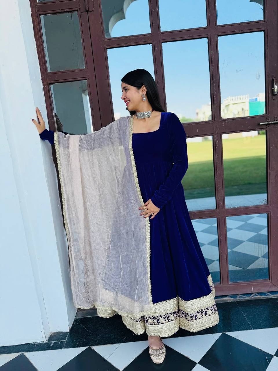 Navy blue viscose velvet with embroidery with work top-bottom and pant