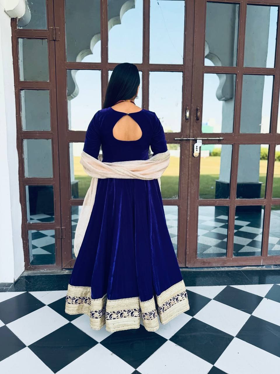 Navy blue viscose velvet with embroidery with work top-bottom and pant