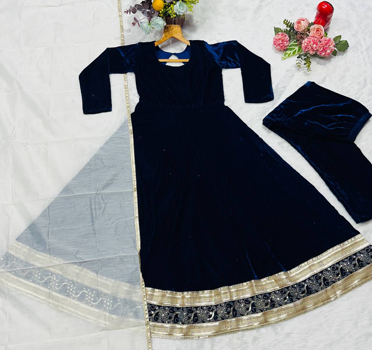 Navy blue viscose velvet with embroidery with work top-bottom and pant