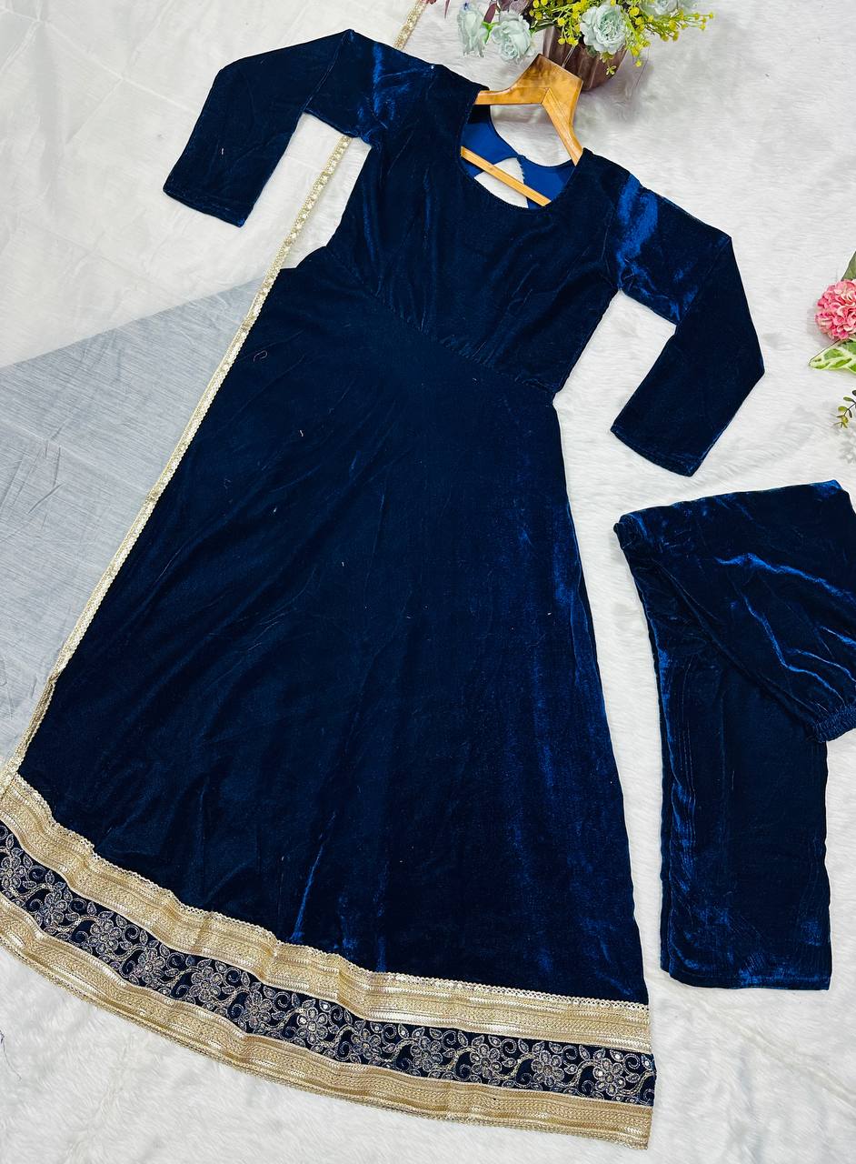 Navy blue viscose velvet with embroidery with work top-bottom and pant