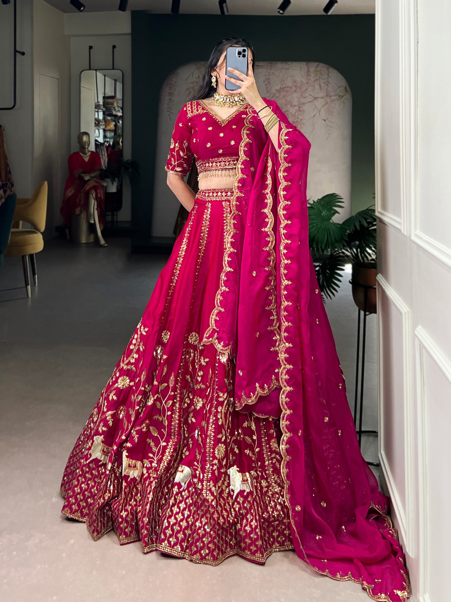 Pink natural silk thread embroidery work lehenga, blouse and dupatta