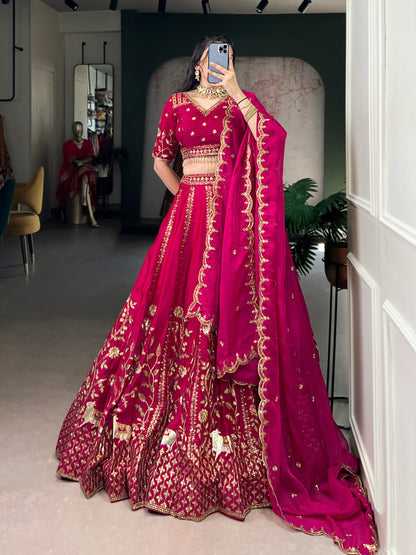 Pink natural silk thread embroidery work lehenga, blouse and dupatta
