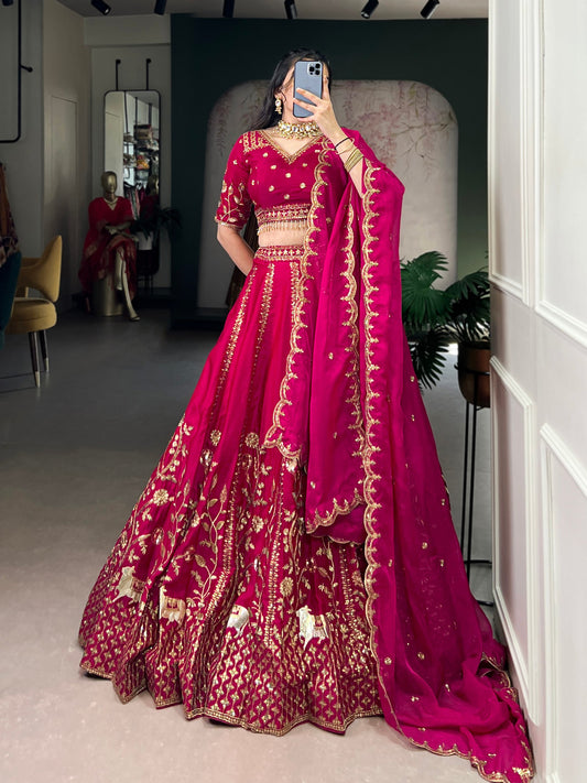 Pink natural silk thread embroidery work lehenga, blouse and dupatta