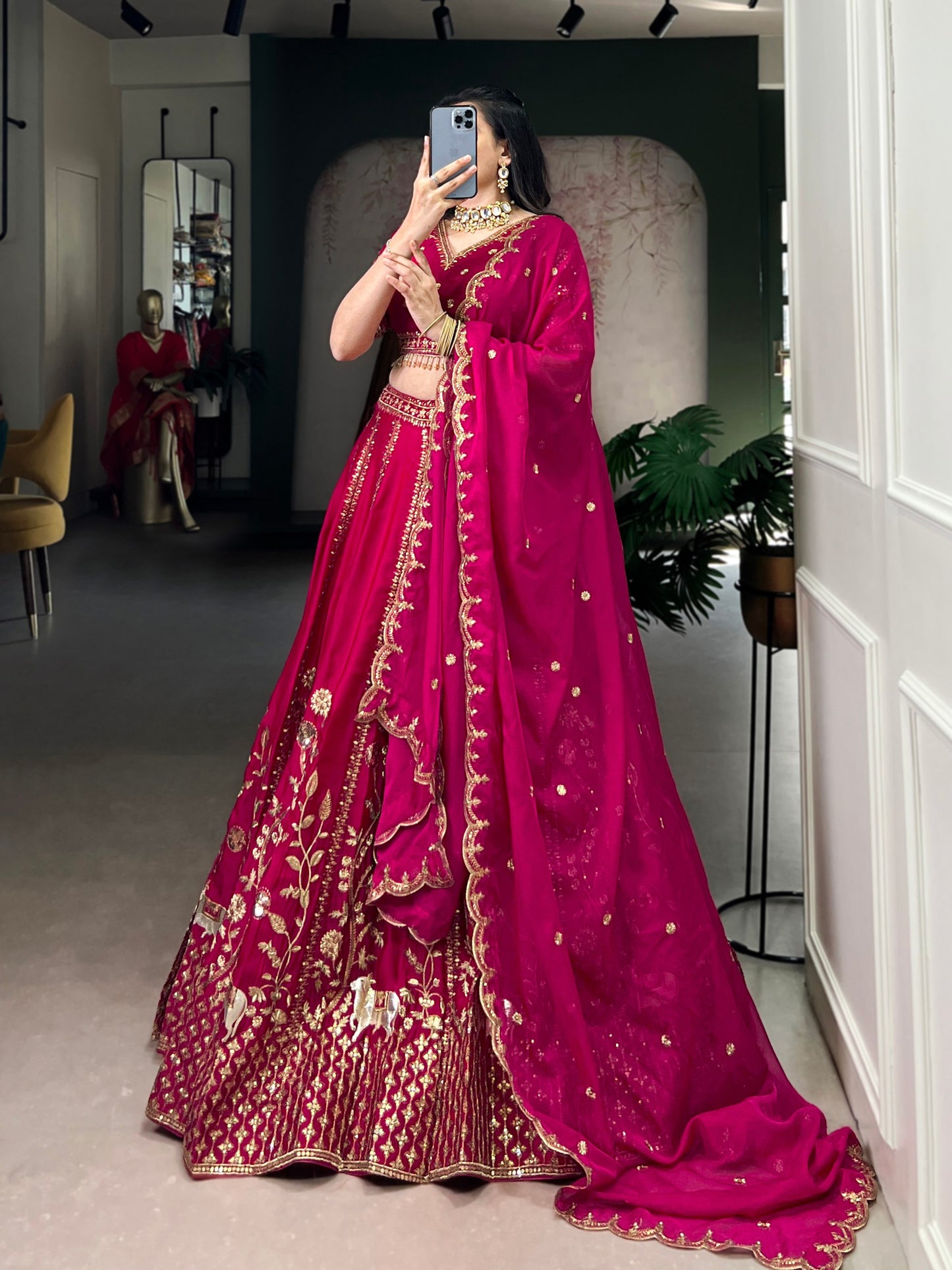 Pink natural silk thread embroidery work lehenga, blouse and dupatta