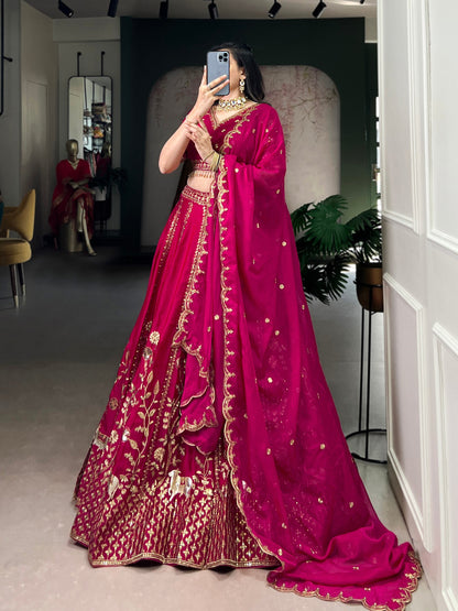 Pink natural silk thread embroidery work lehenga, blouse and dupatta