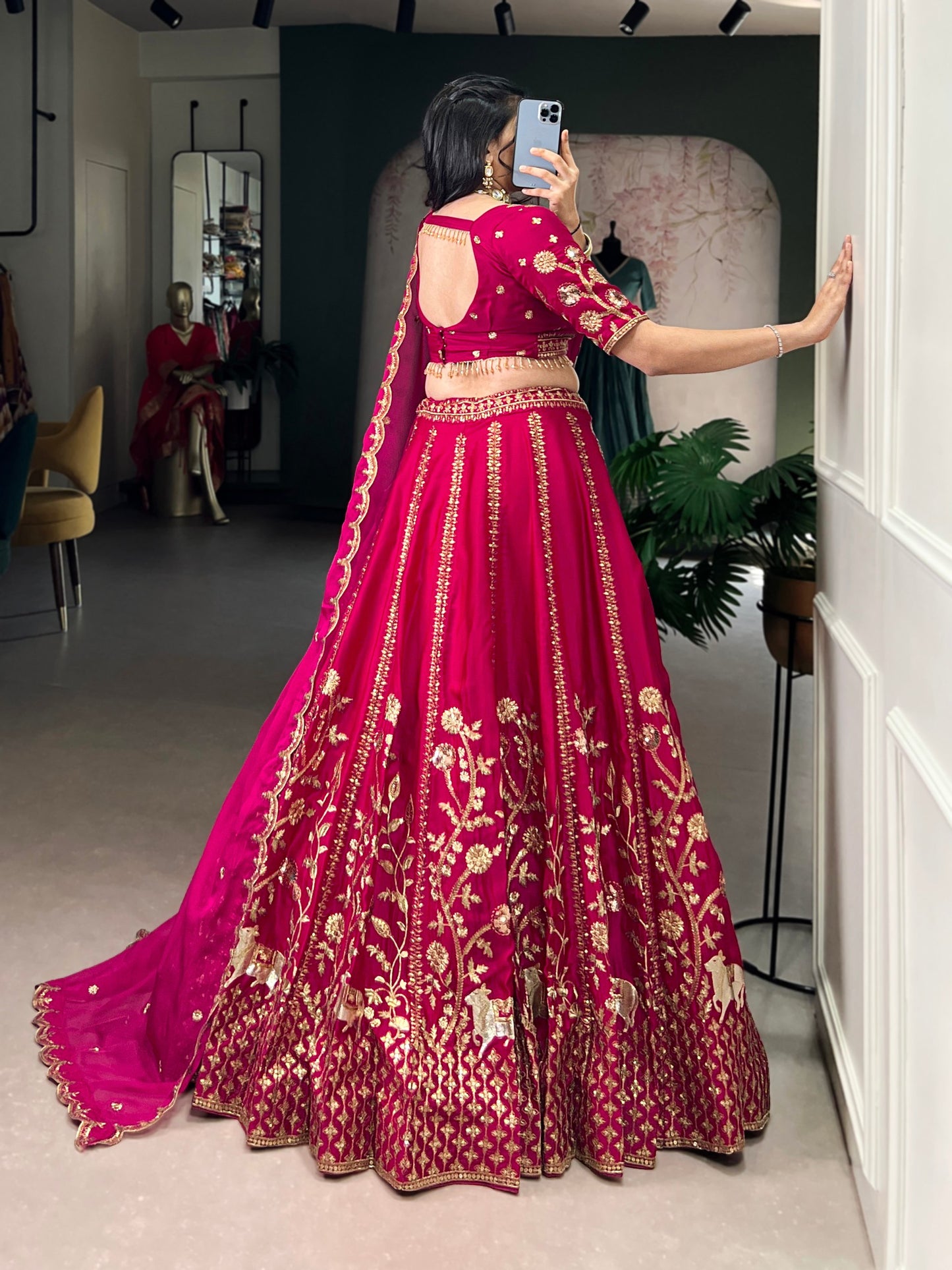 Pink natural silk thread embroidery work lehenga, blouse and dupatta