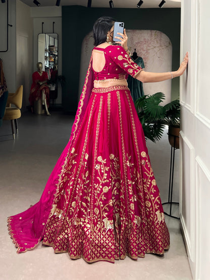 Pink natural silk thread embroidery work lehenga, blouse and dupatta