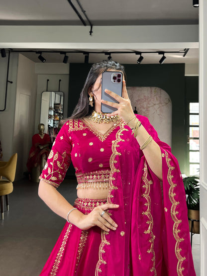 Pink natural silk thread embroidery work lehenga, blouse and dupatta