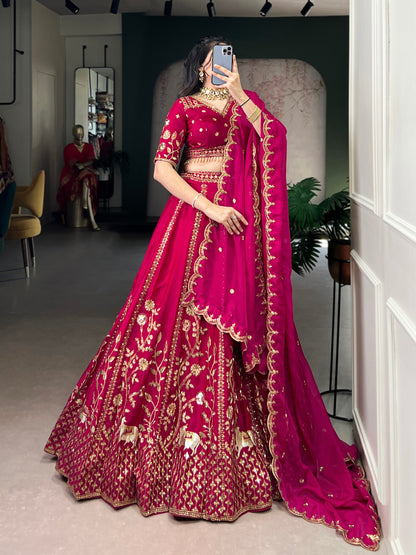Pink natural silk thread embroidery work lehenga, blouse and dupatta