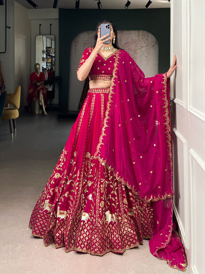 Pink natural silk thread embroidery work lehenga, blouse and dupatta