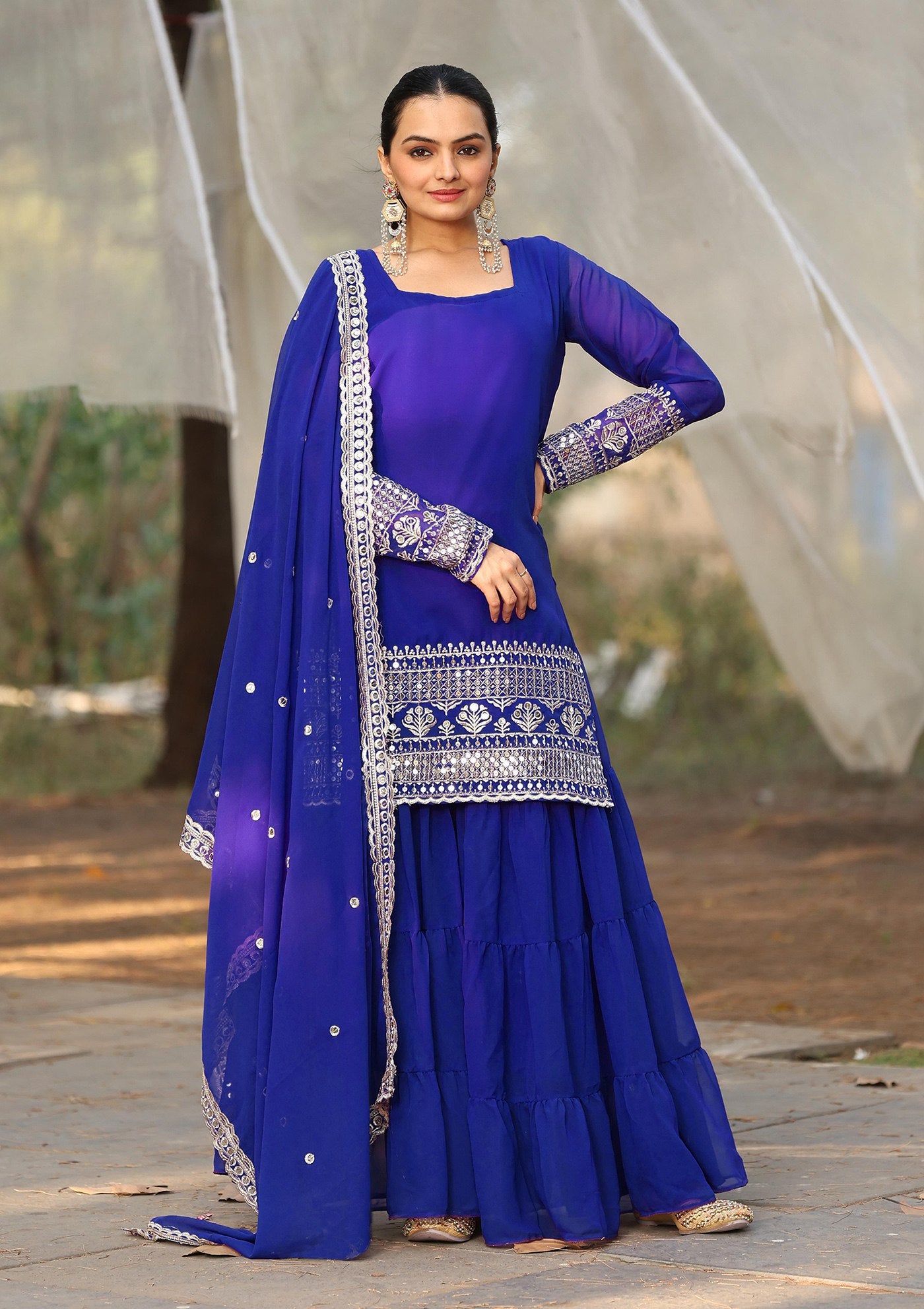 blue georgette embroidered work kurta sharara dupatta set