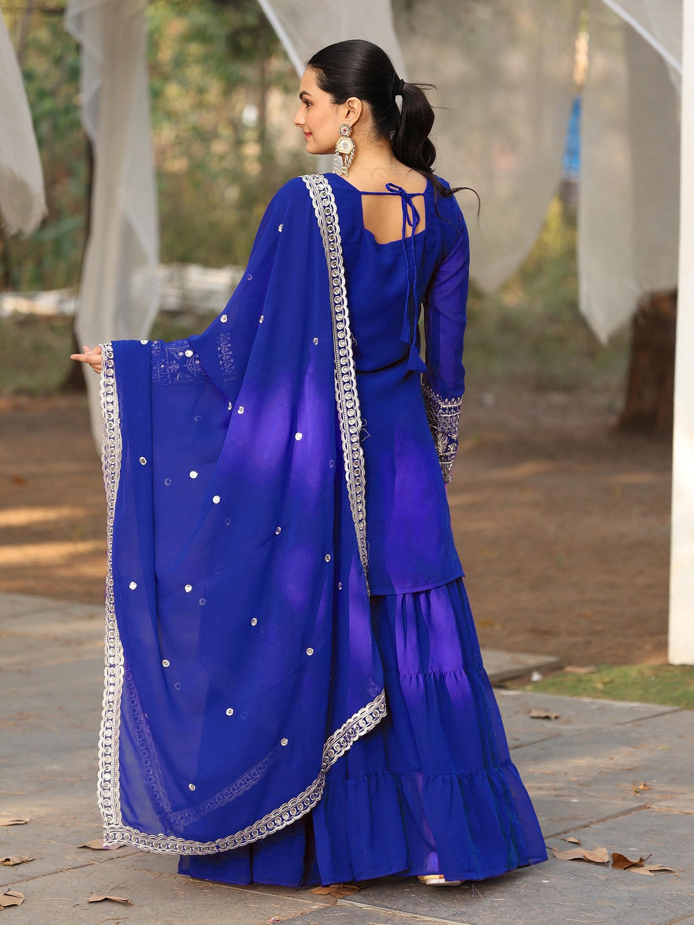 blue georgette embroidered work kurta sharara dupatta set
