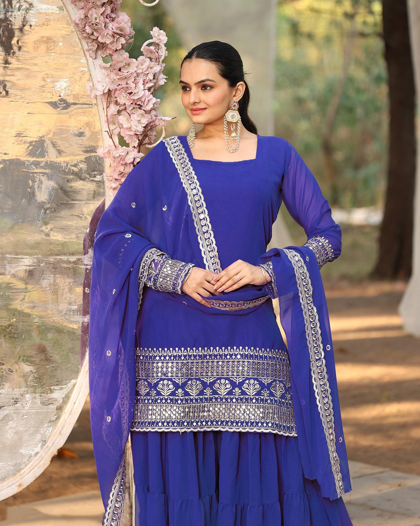 blue georgette embroidered work kurta sharara dupatta set