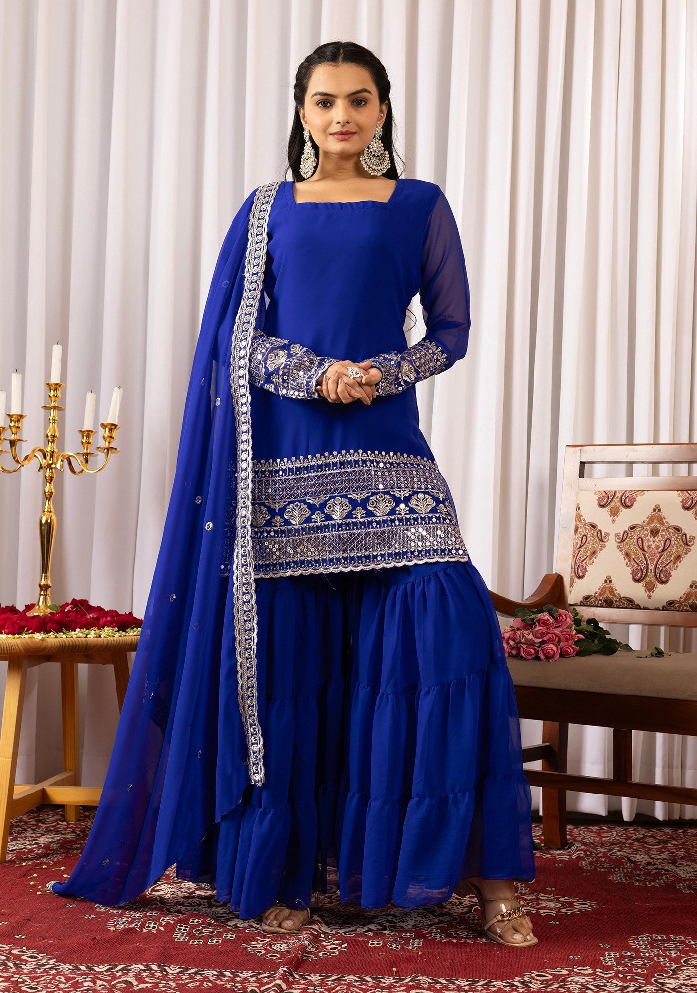 blue georgette embroidered work kurta sharara dupatta set