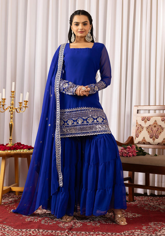 blue georgette embroidered work kurta sharara dupatta set