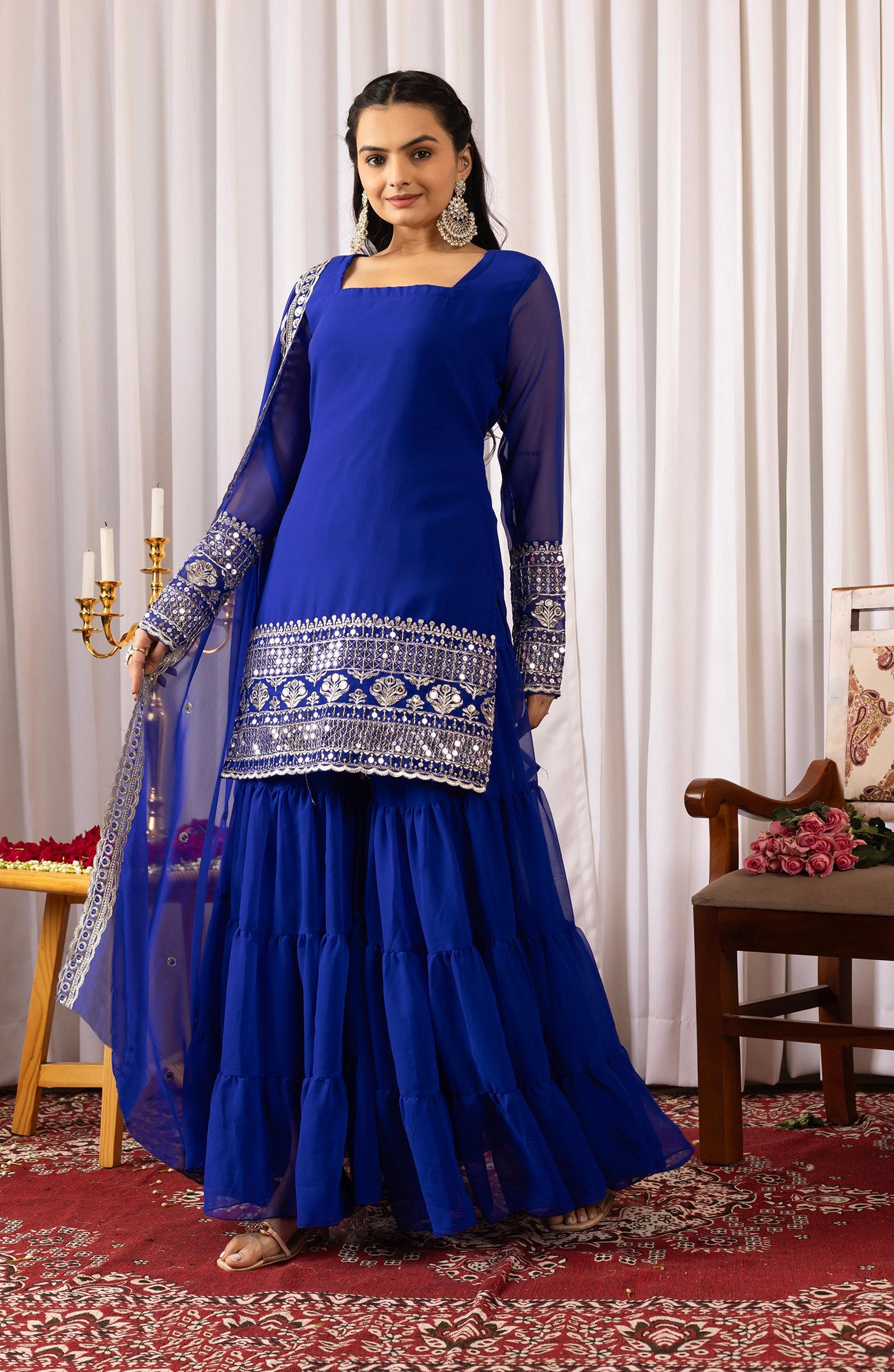 blue georgette embroidered work kurta sharara dupatta set