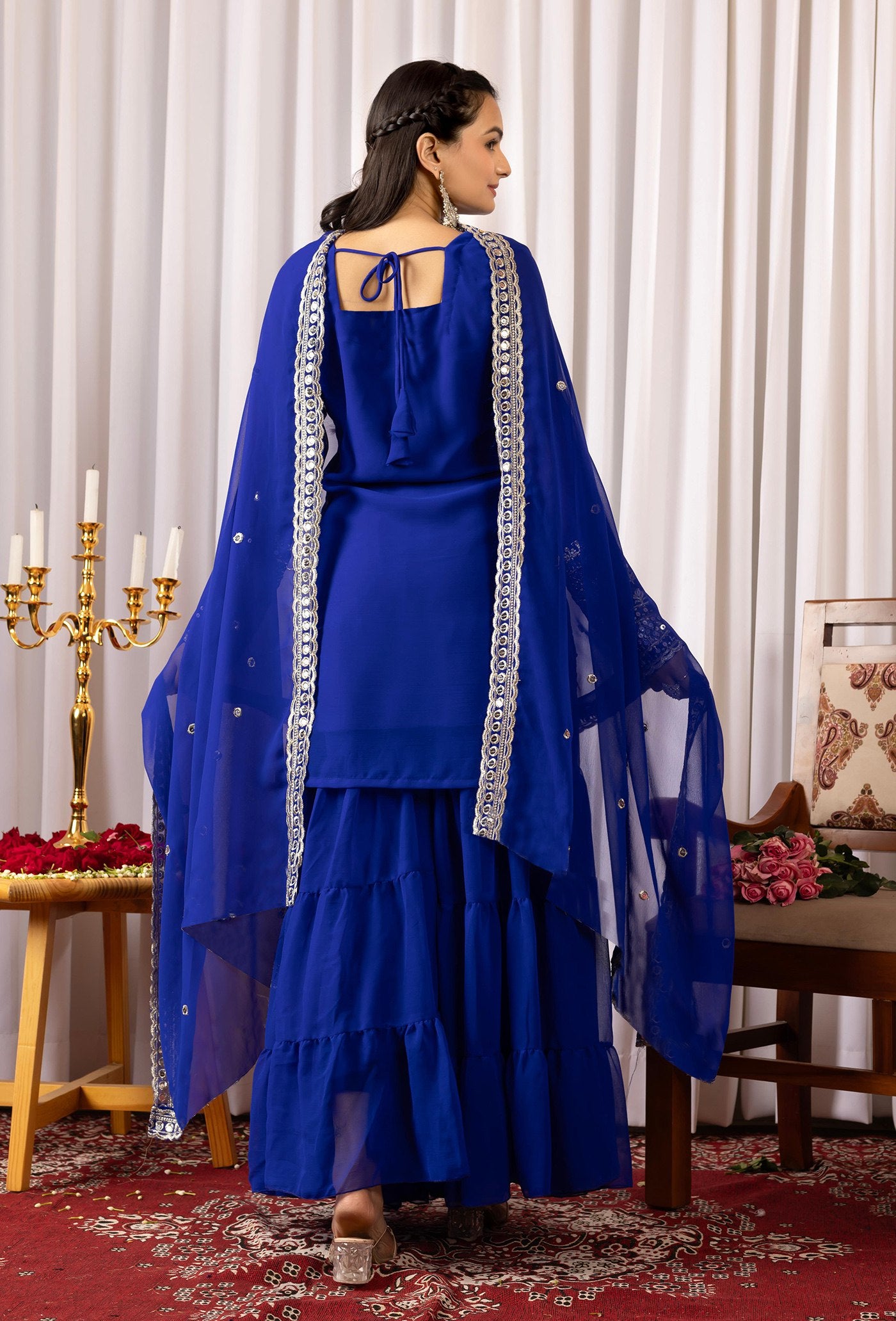 blue georgette embroidered work kurta sharara dupatta set