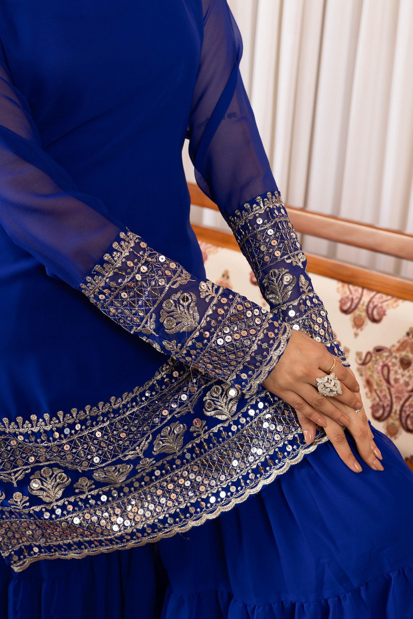 blue georgette embroidered work kurta sharara dupatta set