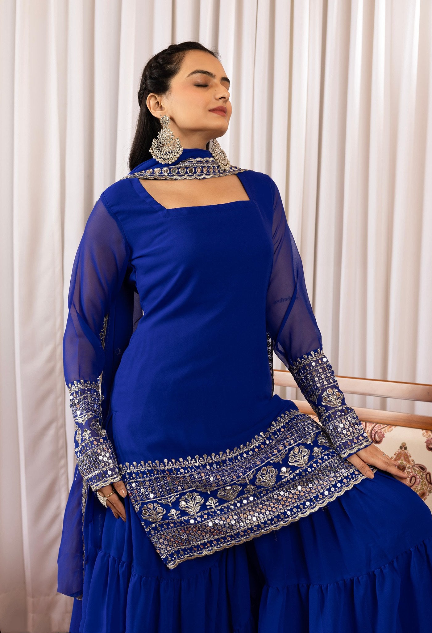 blue georgette embroidered work kurta sharara dupatta set