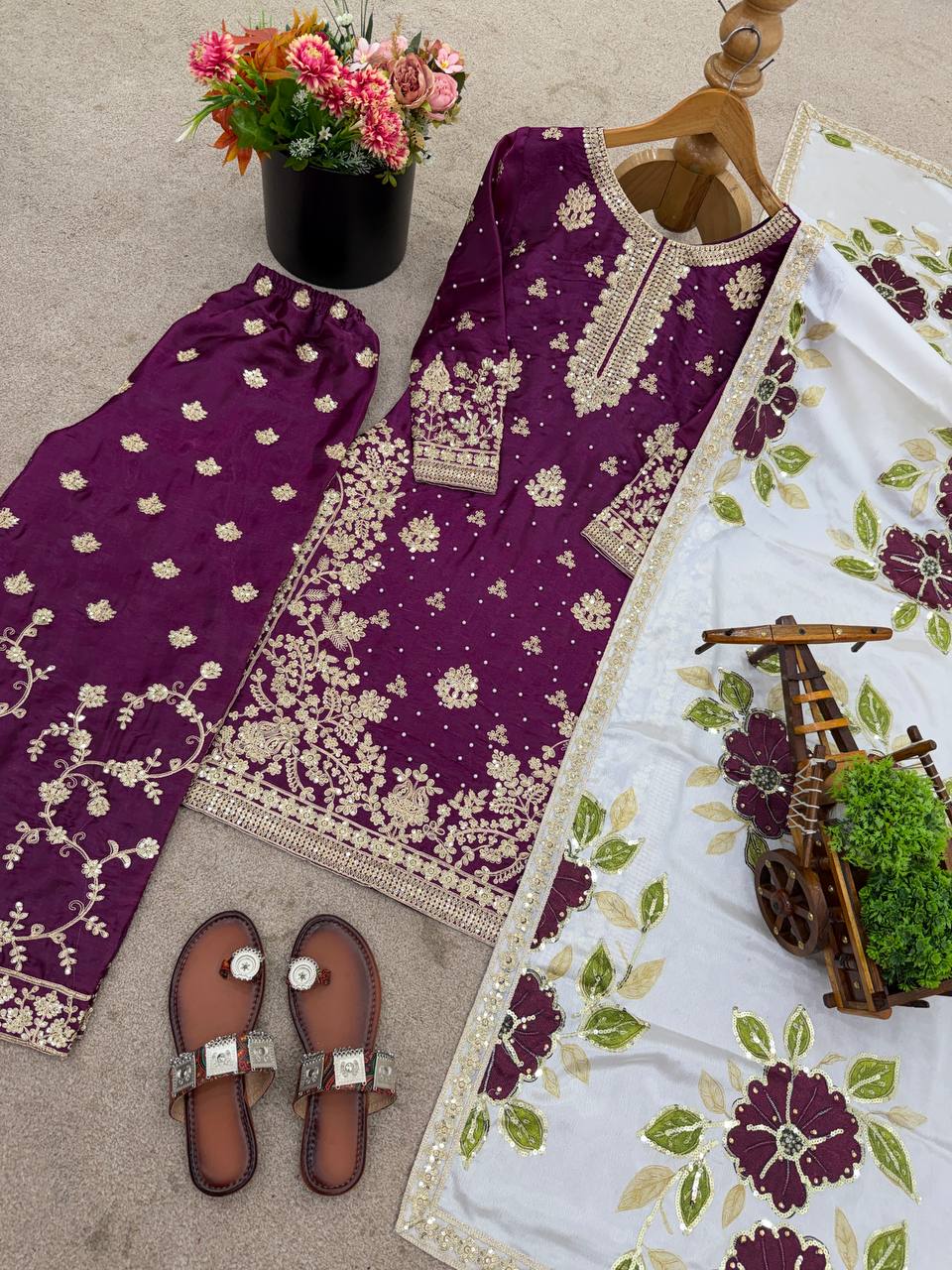 Purple pure gmy silk with heavy embroidery top-bottom and dupatta