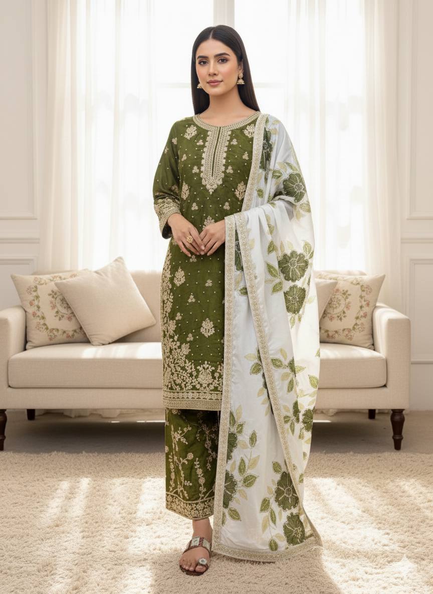 Mehndi pure gmy silk with heavy embroidery top-bottom and dupatta