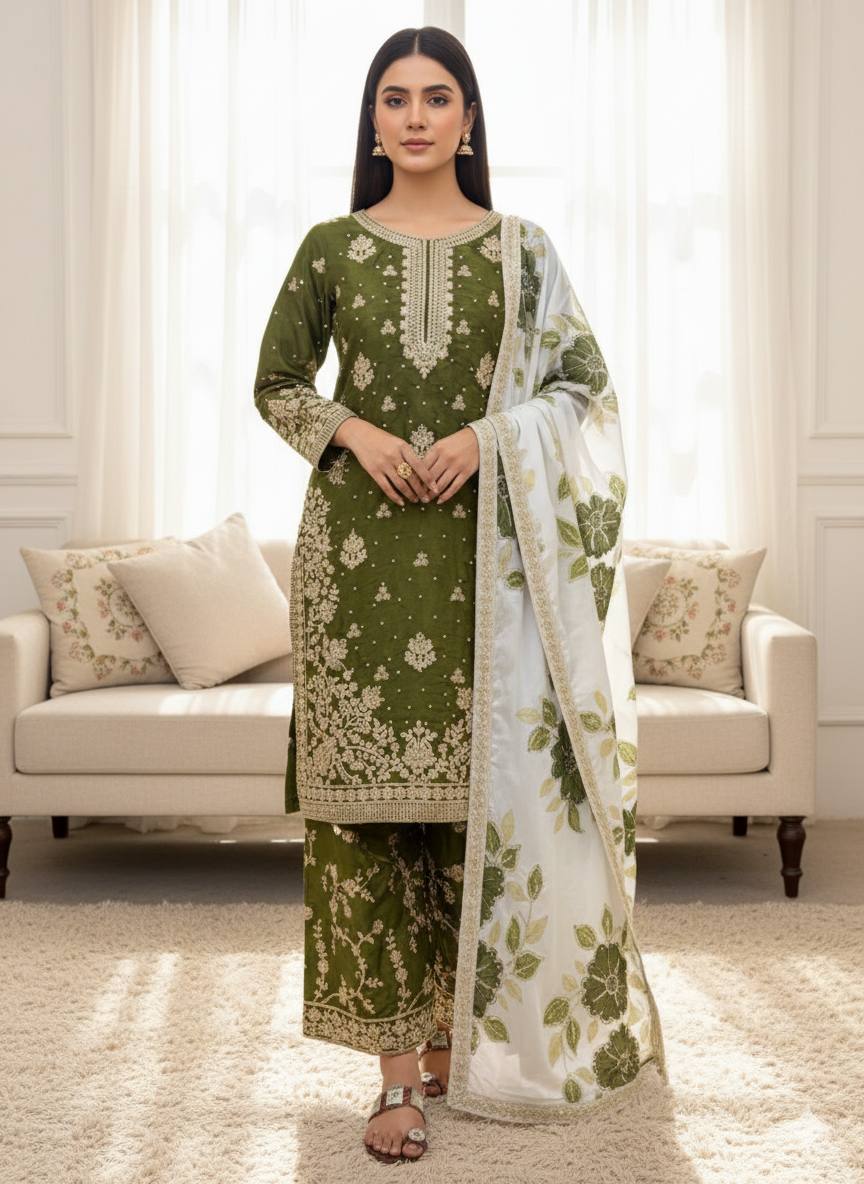 Mehndi pure gmy silk with heavy embroidery top-bottom and dupatta