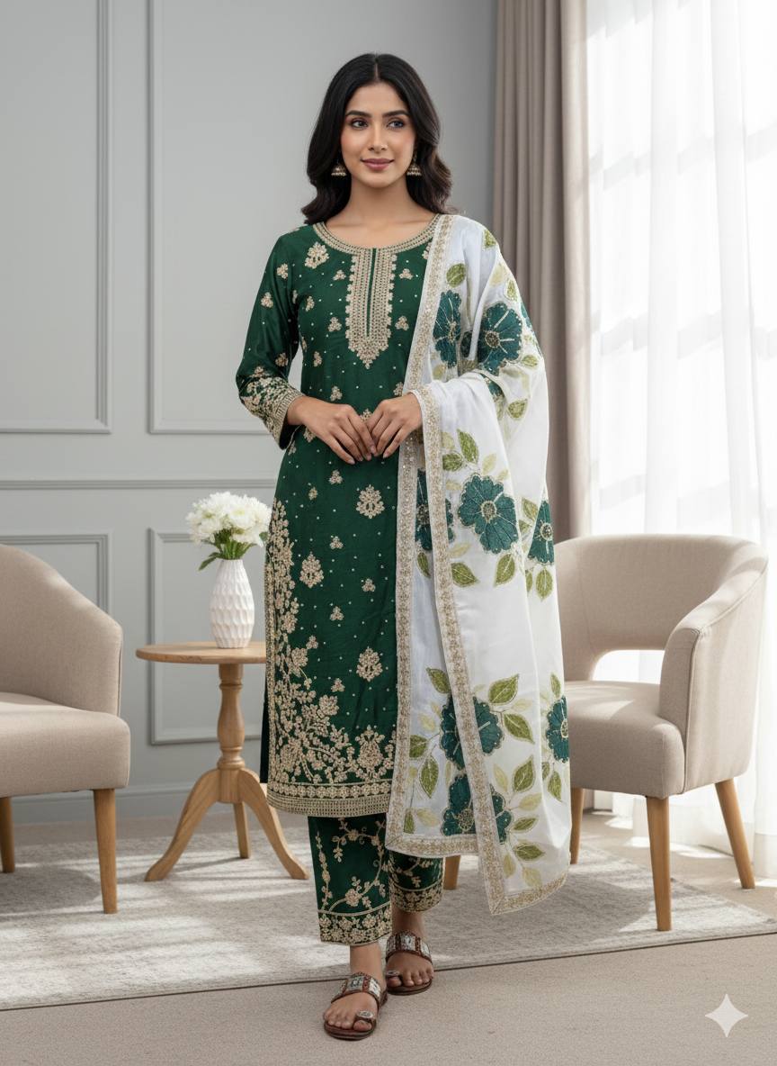 Dark green pure gmy silk with heavy embroidery top-bottom and dupatta