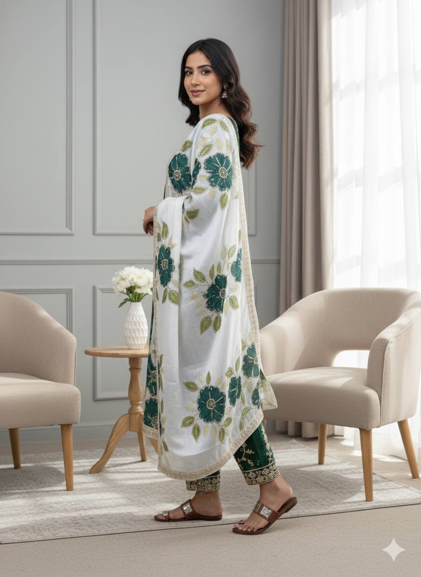 Dark green pure gmy silk with heavy embroidery top-bottom and dupatta