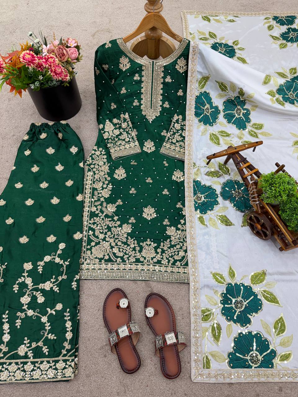 Dark green pure gmy silk with heavy embroidery top-bottom and dupatta