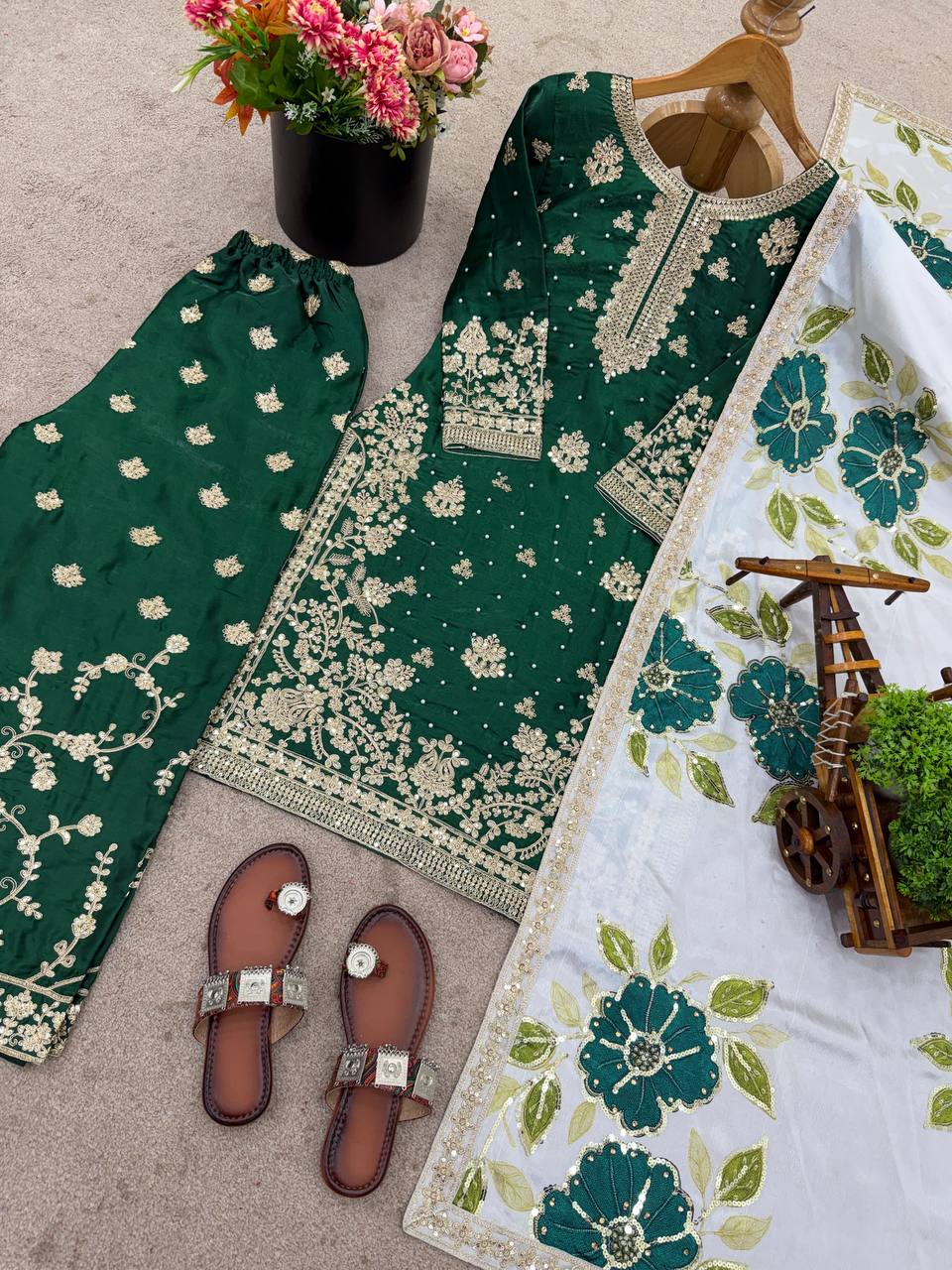Dark green pure gmy silk with heavy embroidery top-bottom and dupatta