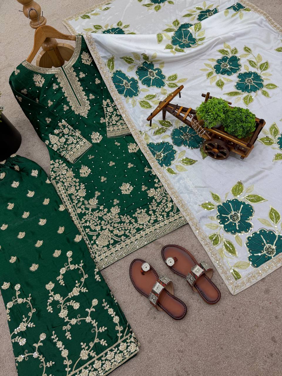 Dark green pure gmy silk with heavy embroidery top-bottom and dupatta