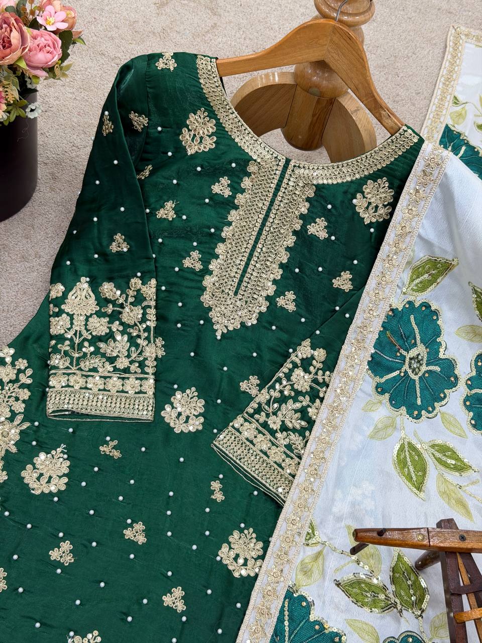 Dark green pure gmy silk with heavy embroidery top-bottom and dupatta