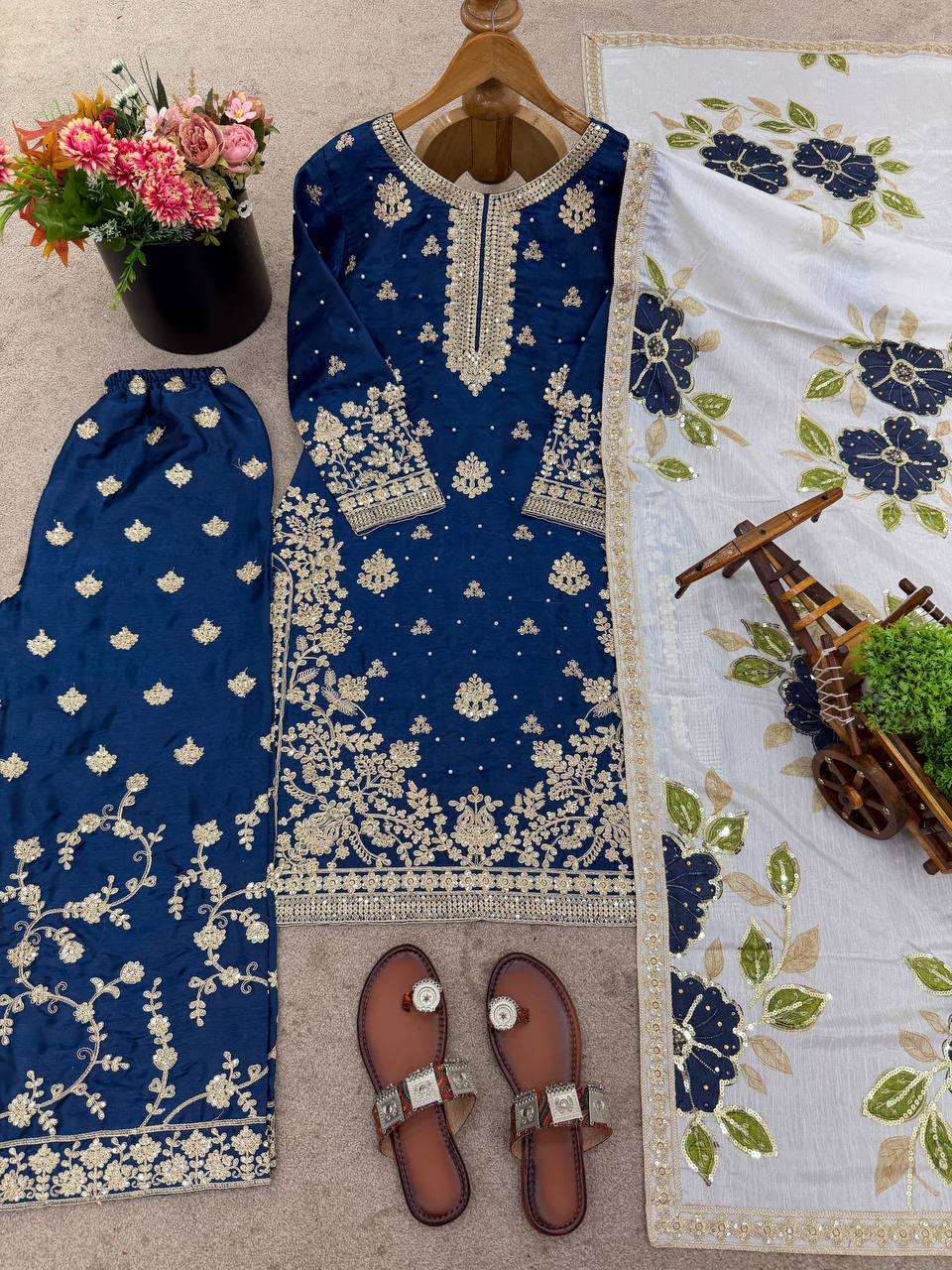 Blue pure gmy silk with heavy embroidery top-bottom and dupatta