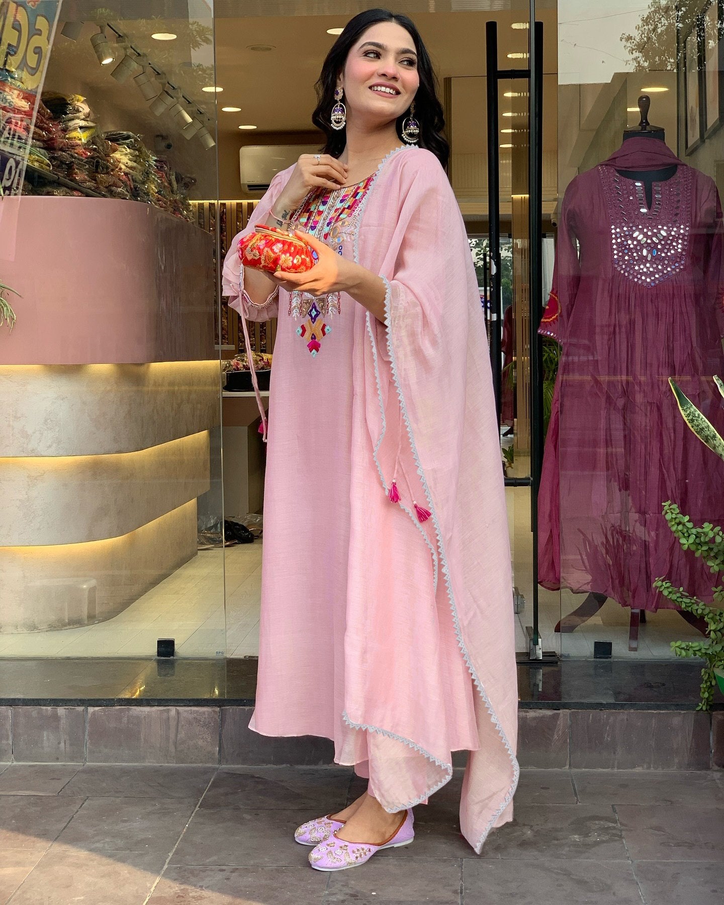 Pink tesla embroidered Kurta Pant Dupatta Set