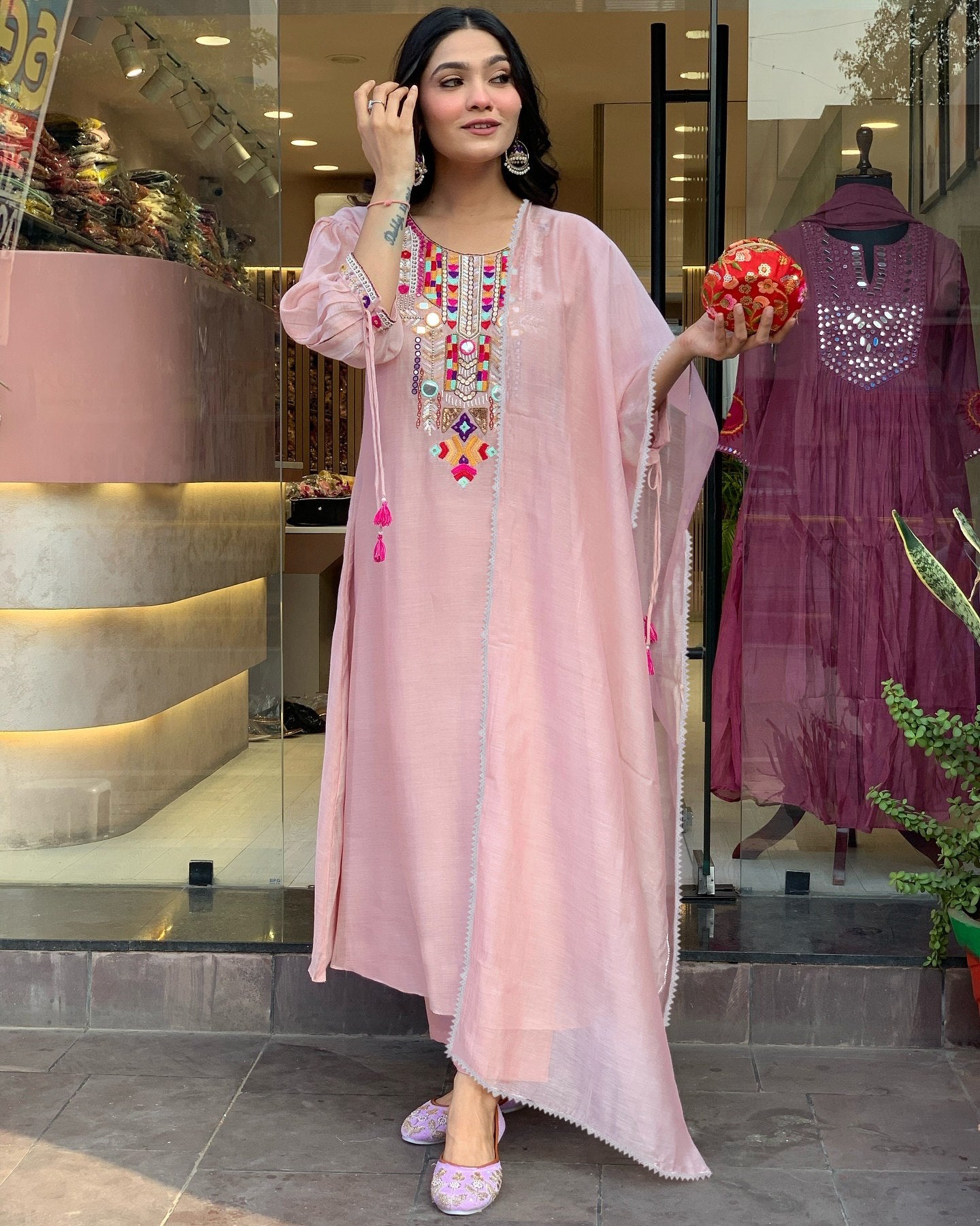 Pink tesla embroidered Kurta Pant Dupatta Set