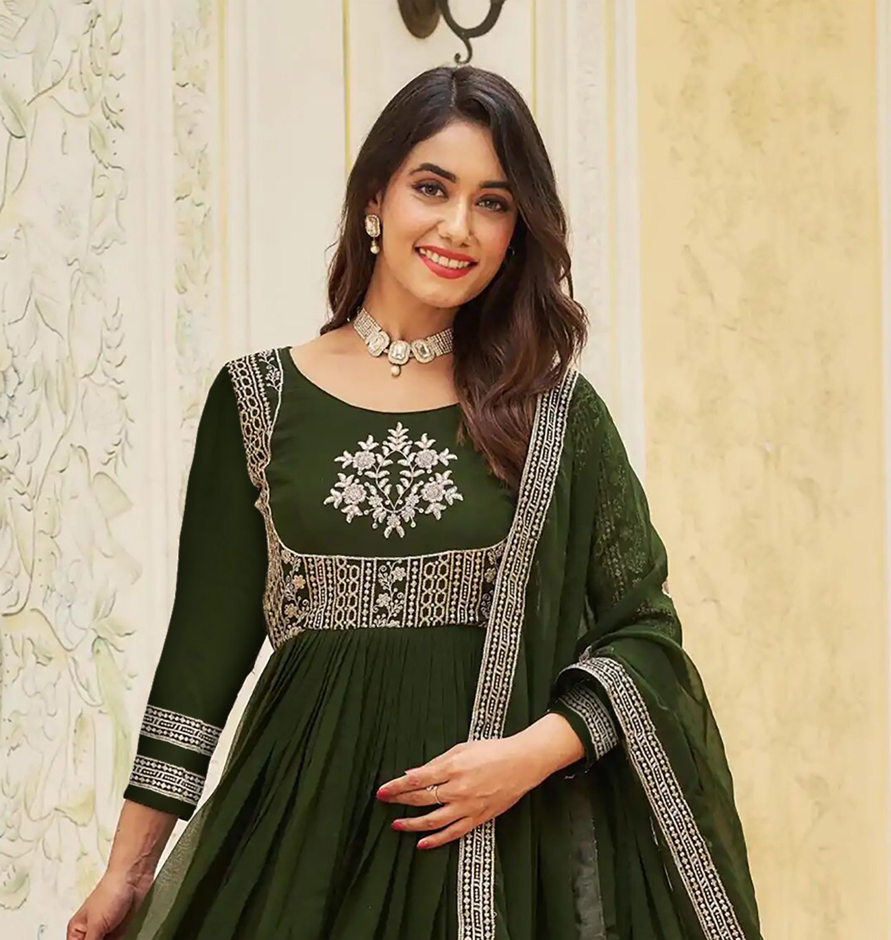 Mehndi georgette embroidered anarkali gown and dupatta