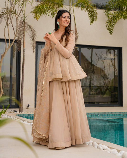 Beige tabby organza mukaish work top palazzo and dupatta