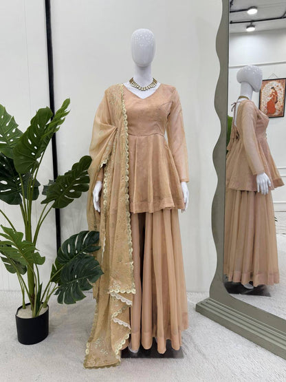 Beige tabby organza mukaish work top palazzo and dupatta