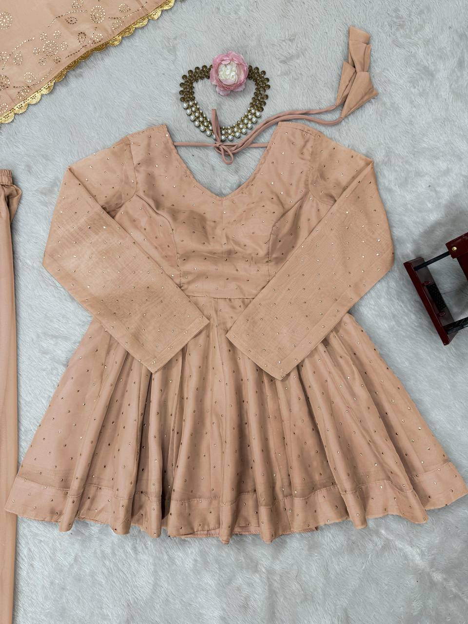 Beige tabby organza mukaish work top palazzo and dupatta