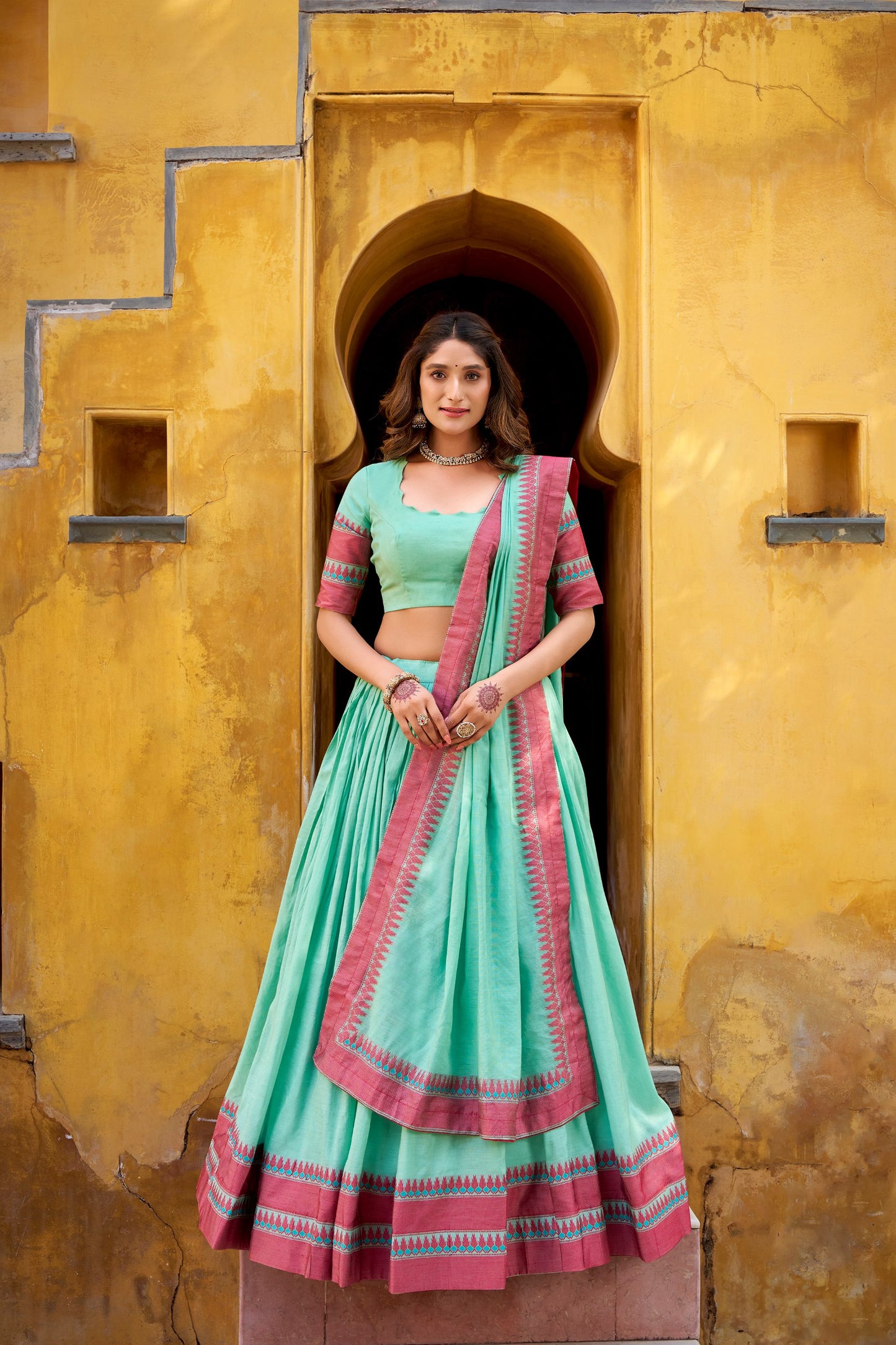 Light green pure chanderi thread work lehenga celebrates pure ethnic wear