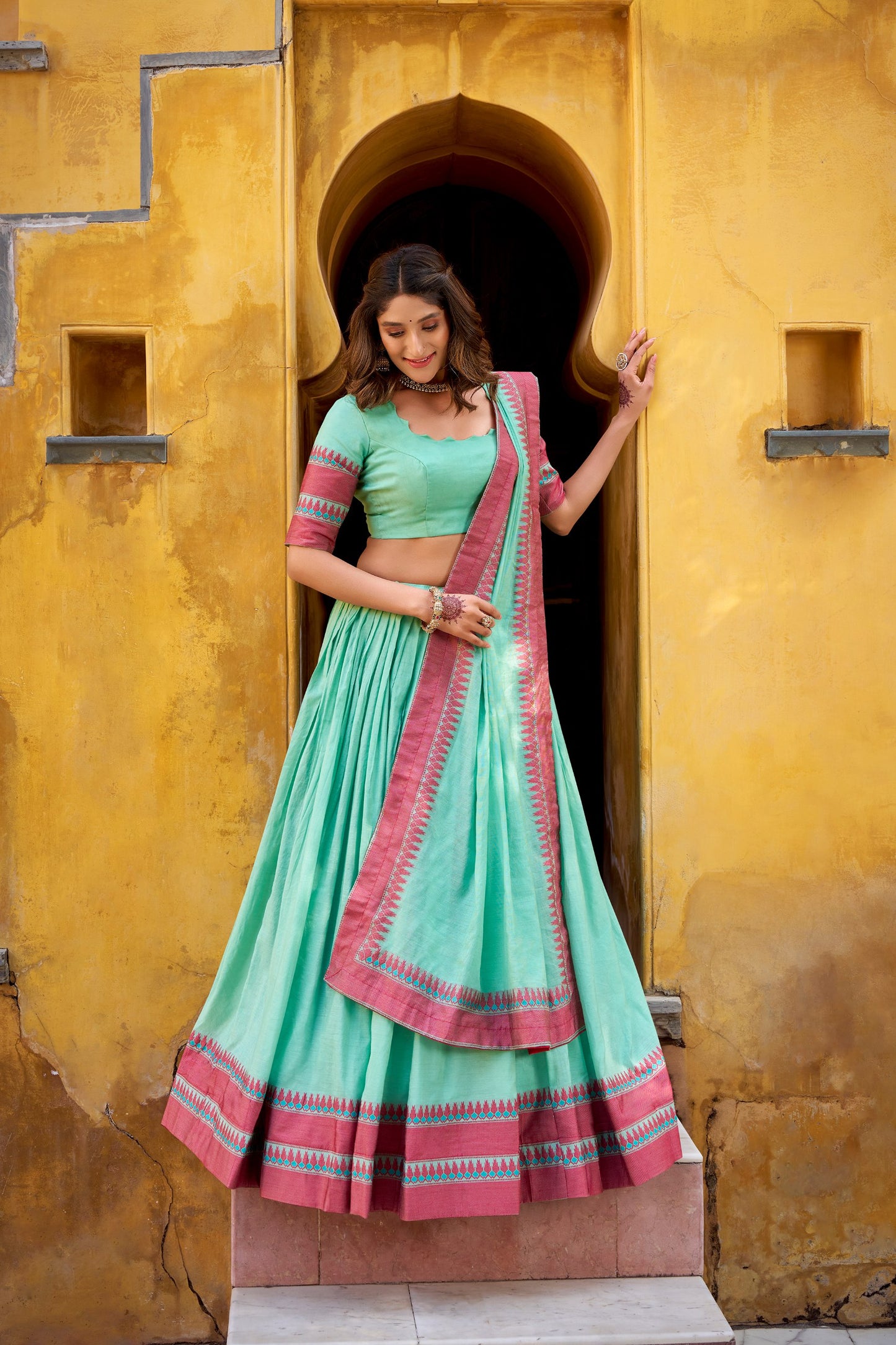 Light green pure chanderi thread work lehenga celebrates pure ethnic wear