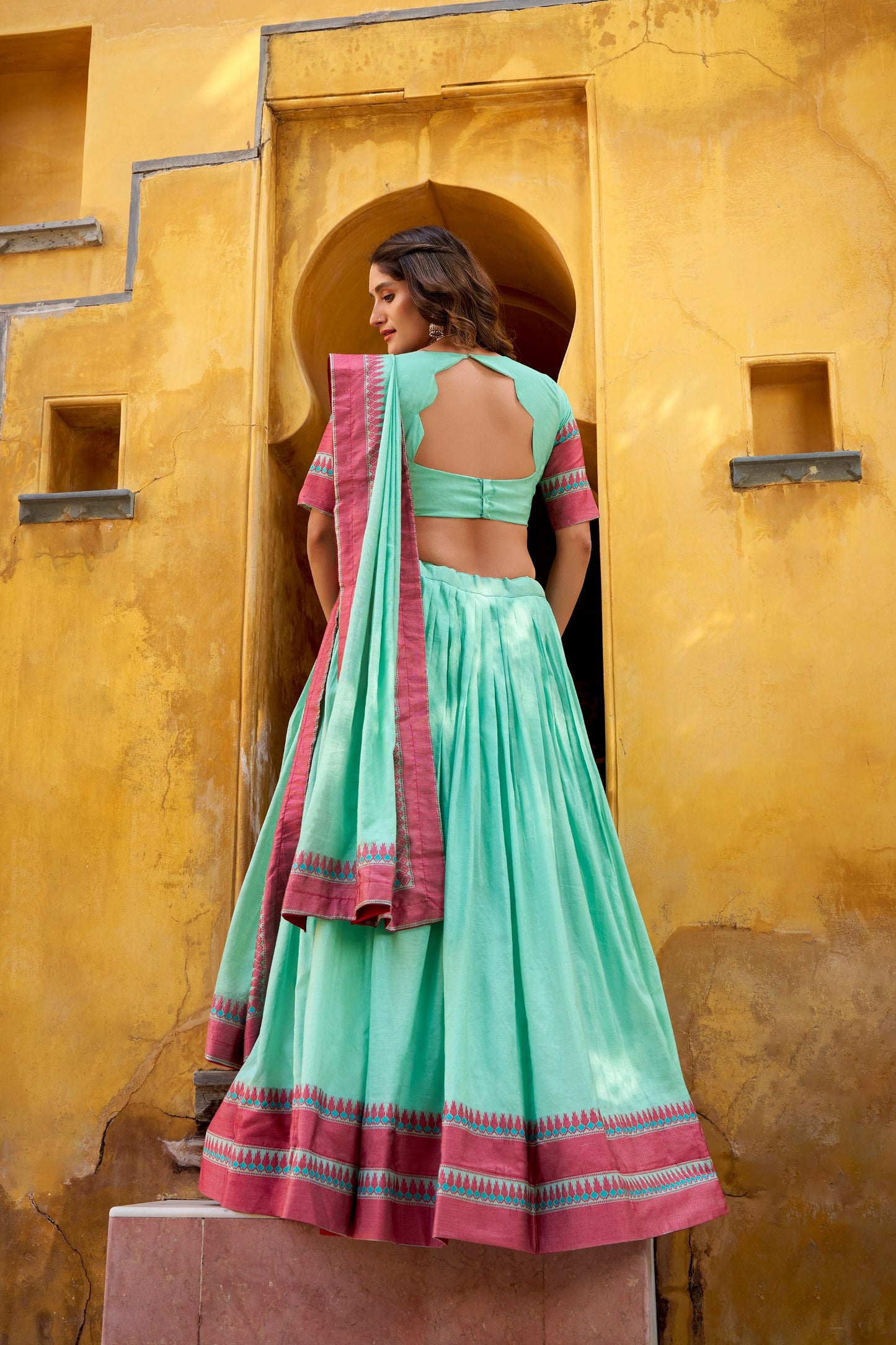 Light green pure chanderi thread work lehenga celebrates pure ethnic wear