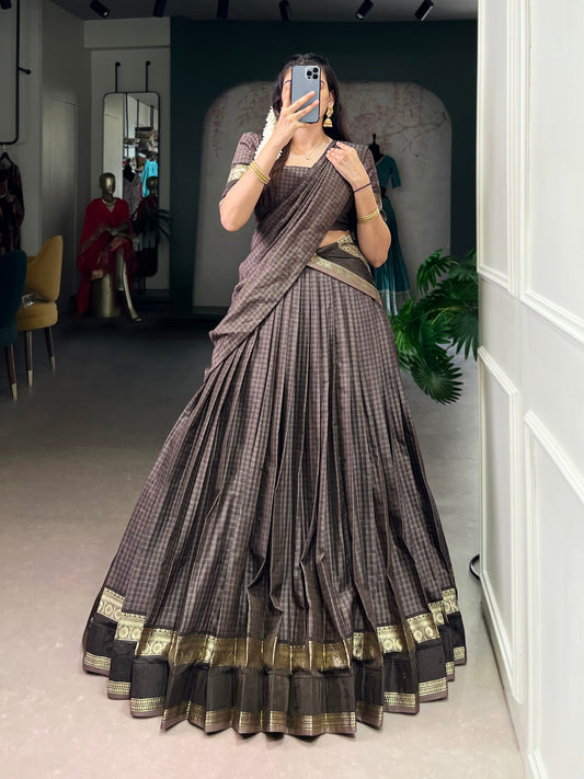 Dark brown chettinad cotton chex with zari weaving work lehenga choli