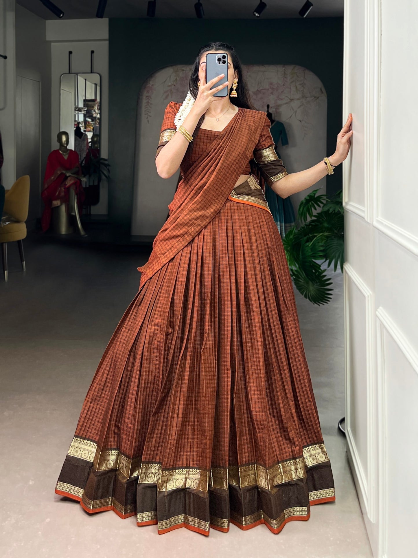 Orange chettinad cotton chex with zari weaving work lehenga choli