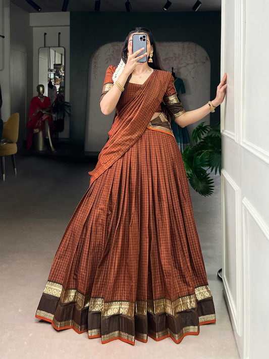 Orange chettinad cotton chex with zari weaving work lehenga choli