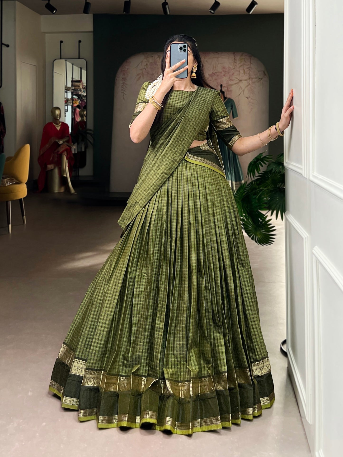 Green chettinad cotton chex with zari weaving work lehenga choli