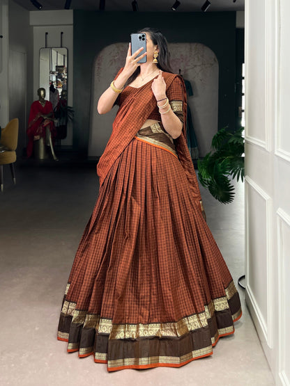 Orange chettinad cotton chex with zari weaving work lehenga choli