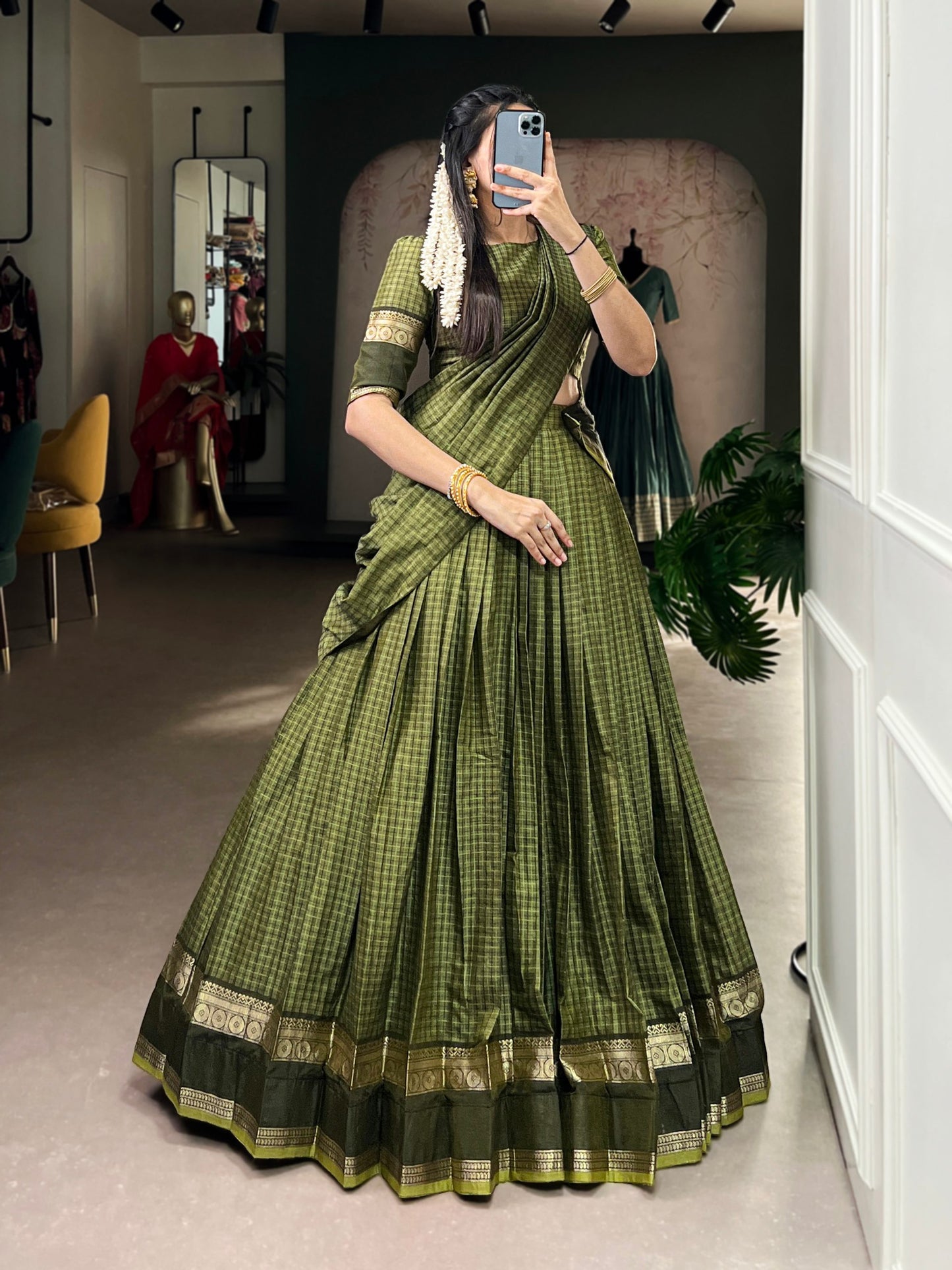 Green chettinad cotton chex with zari weaving work lehenga choli