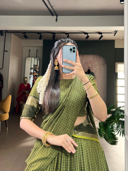 Green chettinad cotton chex with zari weaving work lehenga choli